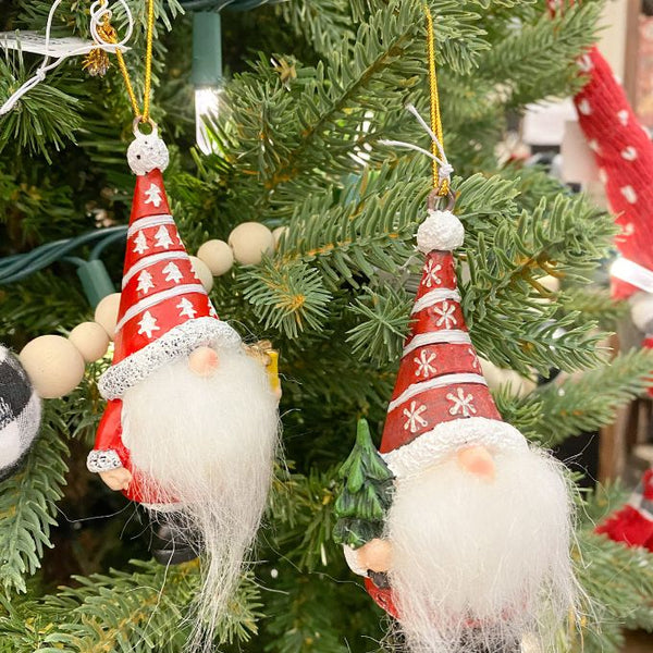 Christmas Gnome Ornaments with Faux Fur Beards - Two Styles available at Quilted Cabin Home Decor