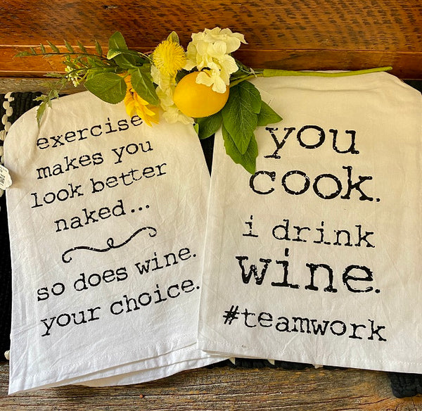 Wine themed farmhouse kitchen dish towels available at quilted cabin home decor.
