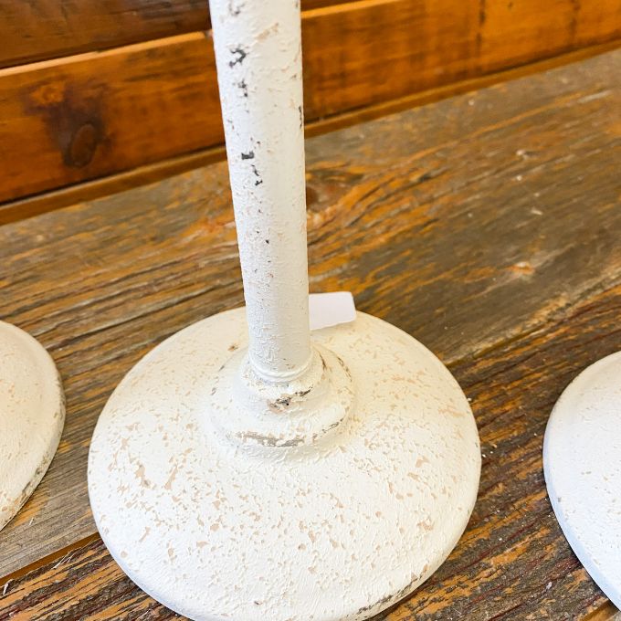 White Distressed Taper Candle Holders - Three Sizes available at Quilted Cabin Home Decor.