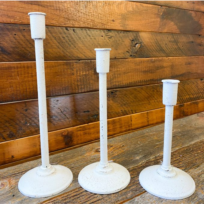 White Distressed Taper Candle Holders - Three Sizes available at Quilted Cabin Home Decor.