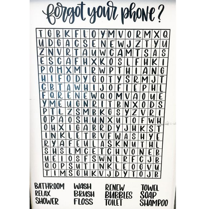 Word Search Bathroom Sign available at Quilted Cabin Home Decor.