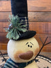 The Green plaid scarf snowman is a twostack snowman and has a black hat with green plaid trim and matching scarf. There  is a jingle bell trim on his hat and one metal snowlake on his bottom stack. The has two twiggy arms. 