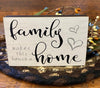 The Family Mini block sign that says: Family Makes this house a home. The edges are black and the writing is gray and black. 