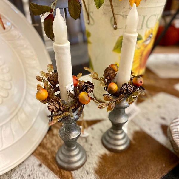 Pumpkin and Pine Cone Taper Ring available at Quilted Cabin Home Decor in Airdrie, Alberta