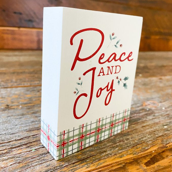 Peace and Joy Plaid Block Sign available at Quilted Cabin Home Decor.