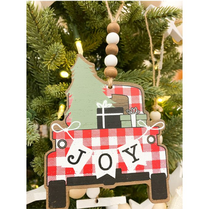 Joy Red and White Truck Ornament available at Quilted Cabin Home Decor.