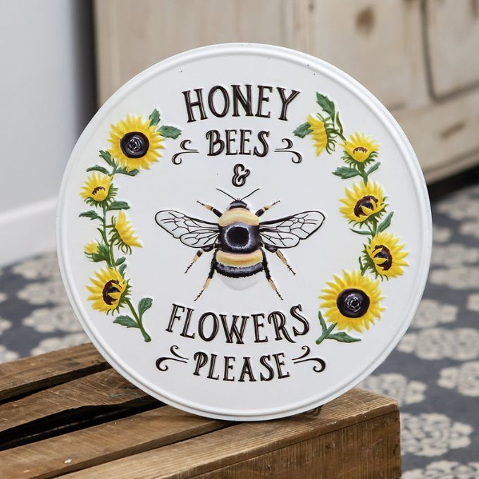Honey Bees and Flowers Please Tin Sign available at Quilted Cabin Home Decor.