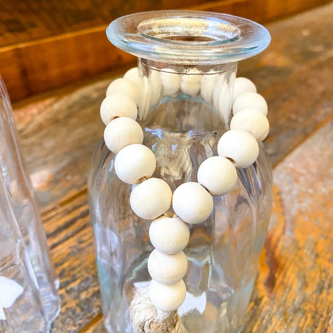 Farmhouse Glass Jars with Beaded Wood Ring - Two Sizes available at Quilted Cabin Home Decor.
