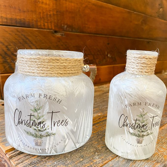 Christmas Tree Frosted Glass Jars - Two Sizes available at Quilted Cabin Home Decor