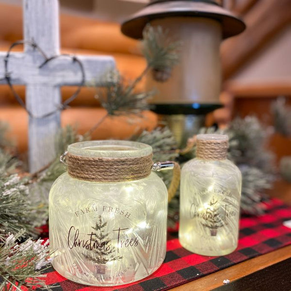 Christmas Tree Frosted Glass Jars - Two Sizes available at Quilted Cabin Home Decor