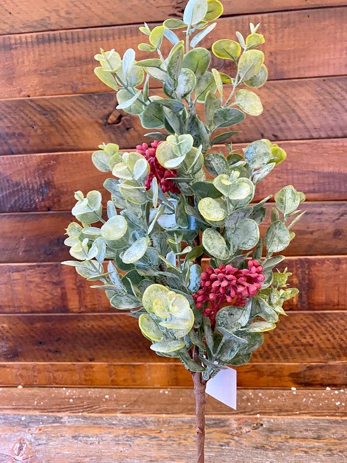 The spray of the holiday eucalytpus collection. White dusted eucaluptus leaves with red berries incorporated throughout. 