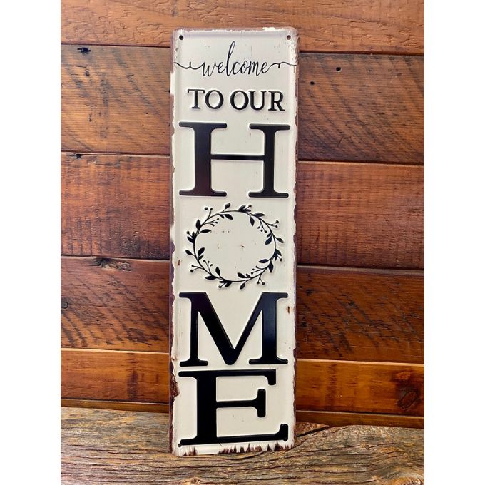 Welcome to Our Home Tin Sign available at Quilted Cabin Home Decor.