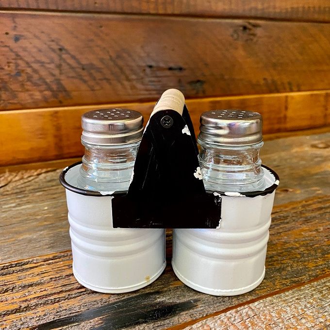 Enamel Caddy Salt & Pepper Shakers available at Quilted Cabin Home Decor.