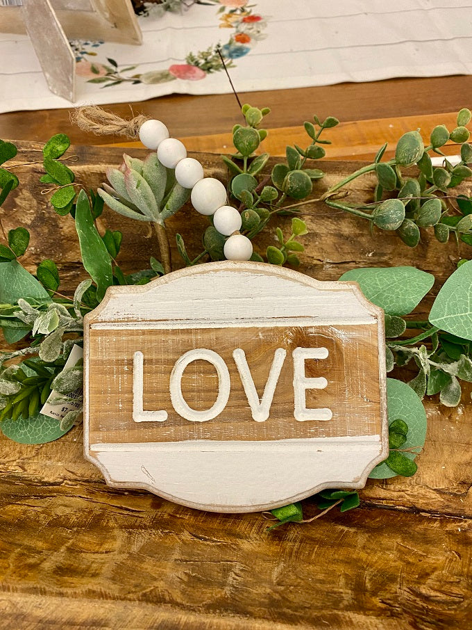 Beaded Sign - Three Styles available at Quilted Cabin Home Decor, Love sign is shown.