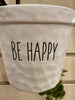 White Ceramic Hanging Pots - Three Styles available at Quilted Cabin Home Decor. The Be Happy Pot is shown.