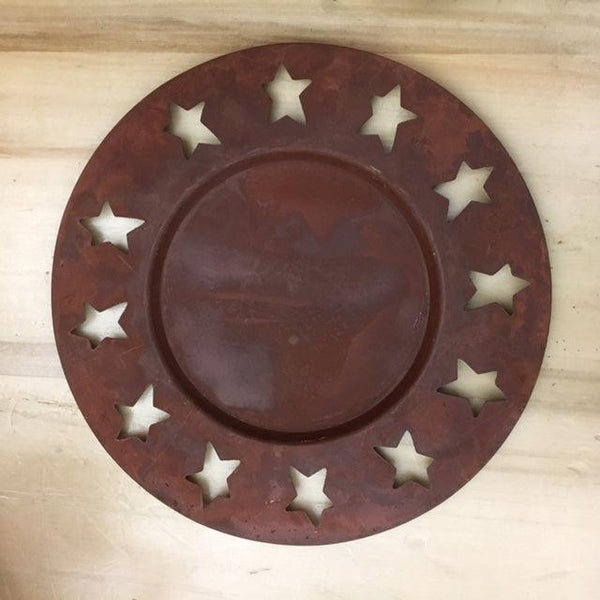 metal round candle tray with stars available at quilted cabin home decor