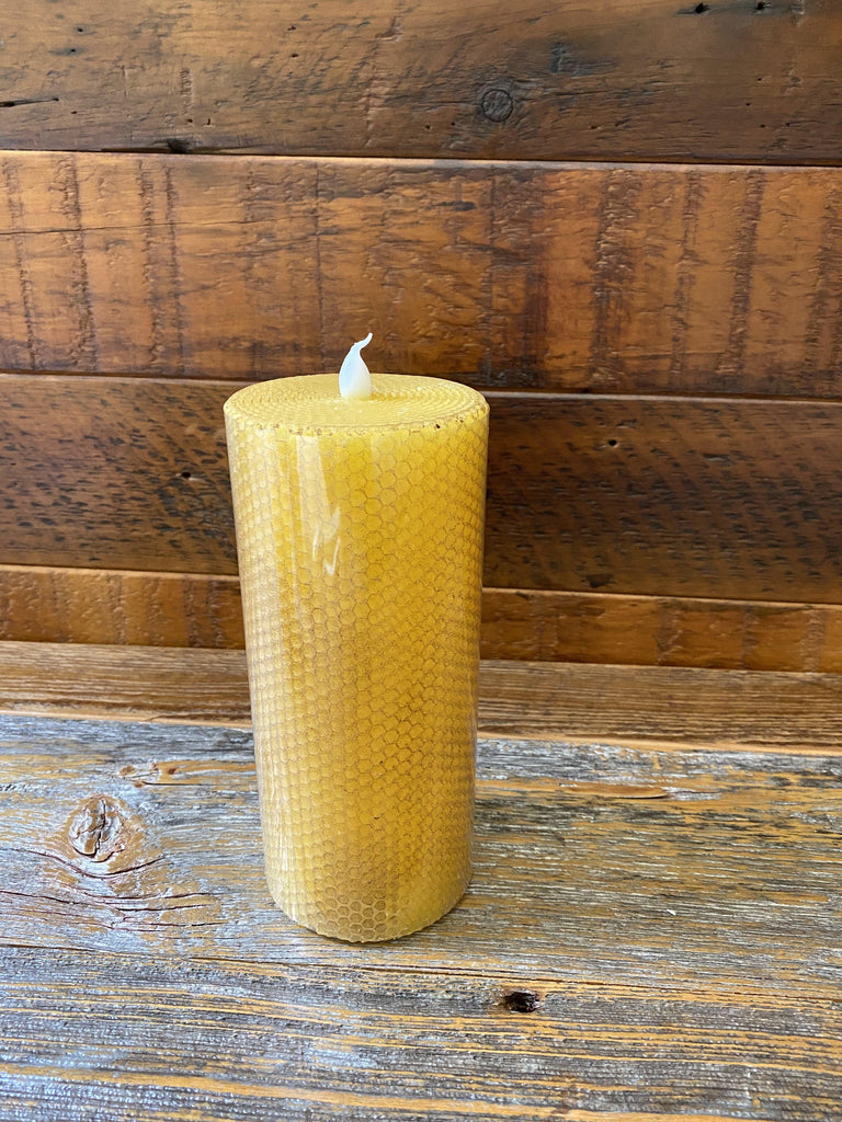 7" tall honeycomb pillar timer candle is pictured. It is yellow, the colour of honeycomb and has a white plastic wick.