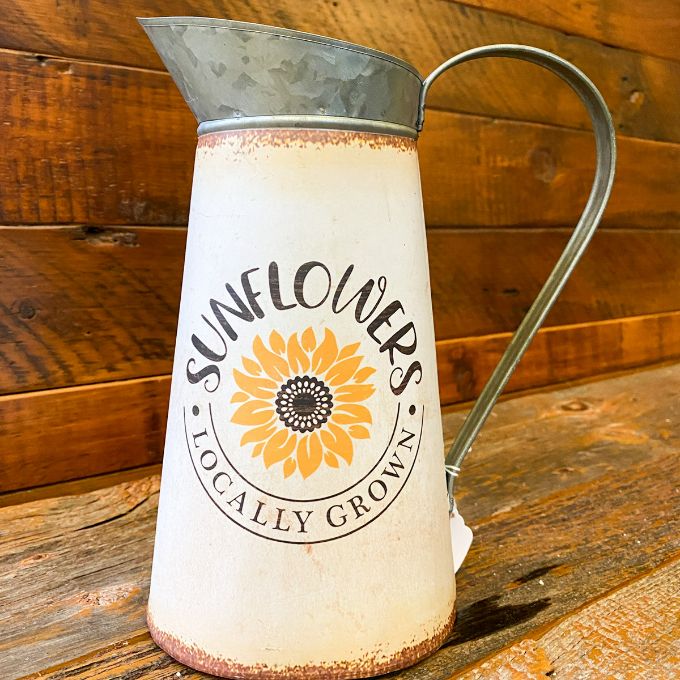Galvanized Sunflower Pitcher available at Quilted Cabin Home Decor.