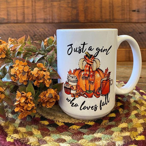 Just a Girl Who Loves Fall mug available at Quilted Cabin Home Decor in Airdrie, Alberta