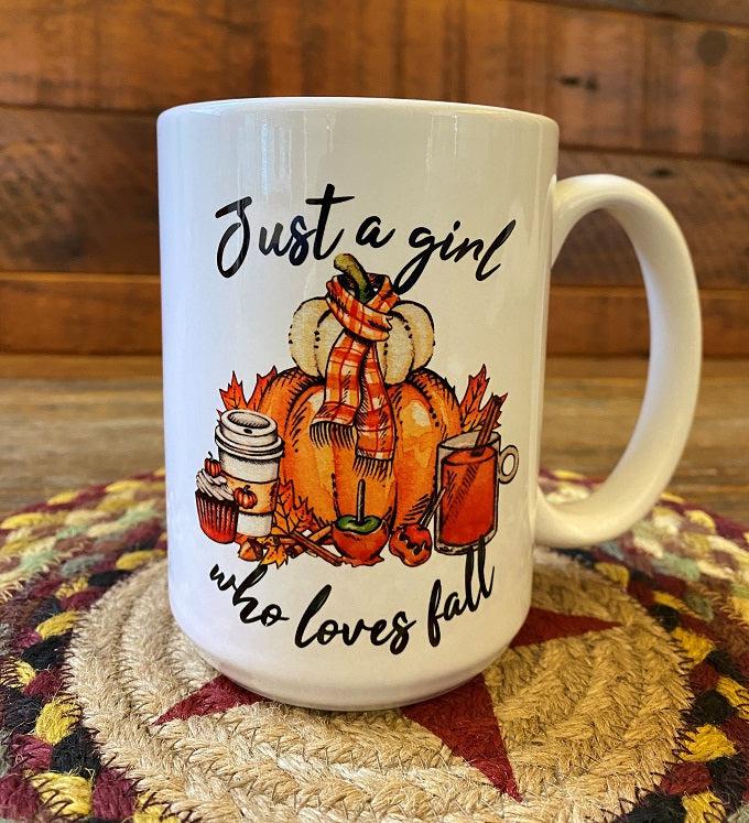 Just a Girl Who Loves Fall mug available at Quilted Cabin Home Decor in Airdrie, Alberta