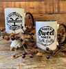Yellowstone fan mugs with black handles and trim. Sorta Sweet Sorta Beth Dutton Mug and Dutton Ranch Yellowstone Brand Mug.