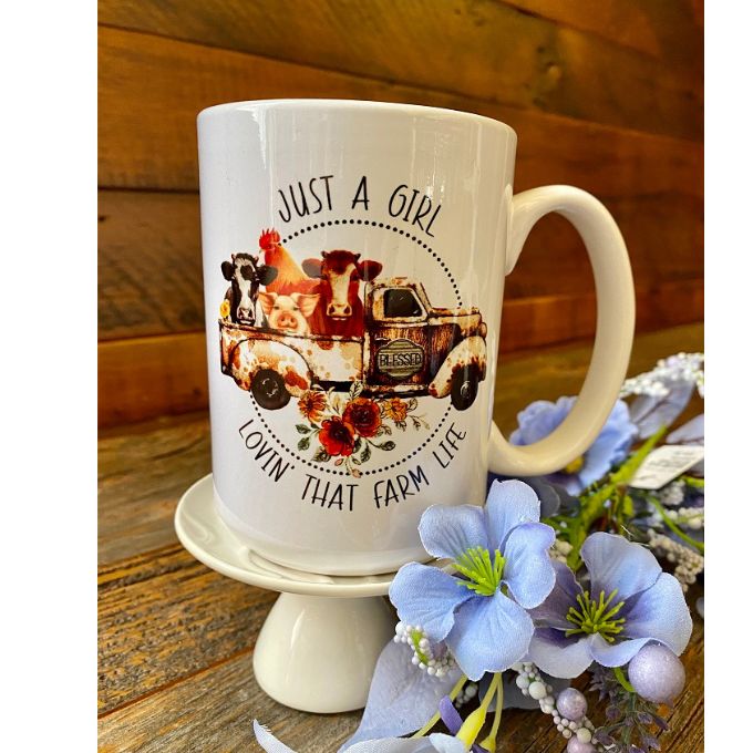 A Girl Lovin' That Farm Life Mug available at Quilted Cabin Home Decor.