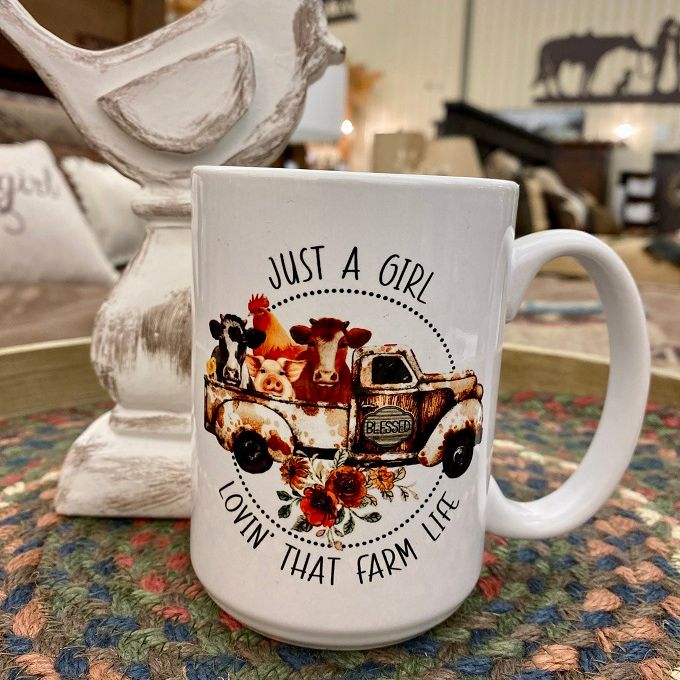 A Girl Lovin' That Farm Life Mug available at Quilted Cabin Home Decor.