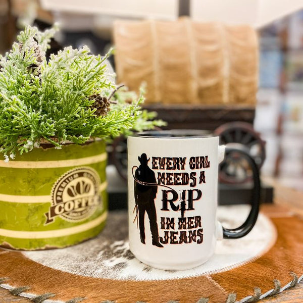 Rip in Her Jeans Mug available at Quilted Cabin Home Decor.