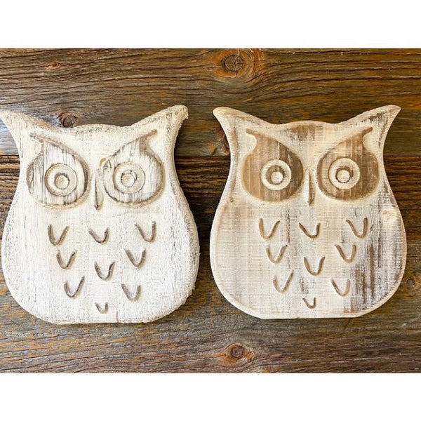 Tan and Whitewashed Wooden Owls - Two Colors available at Quilted Cabin Home Decor.