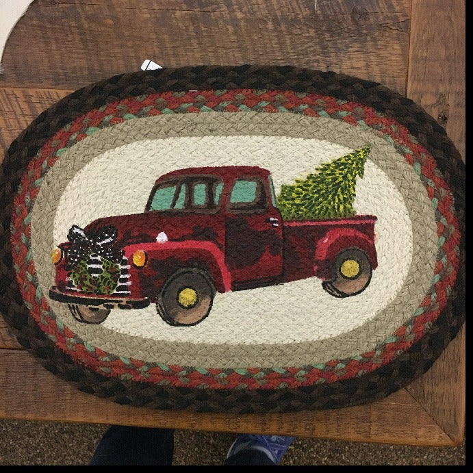 Braided Christmas Red Truck Trivets, Placemats & Runners available at Quilted Cabin Home Decor