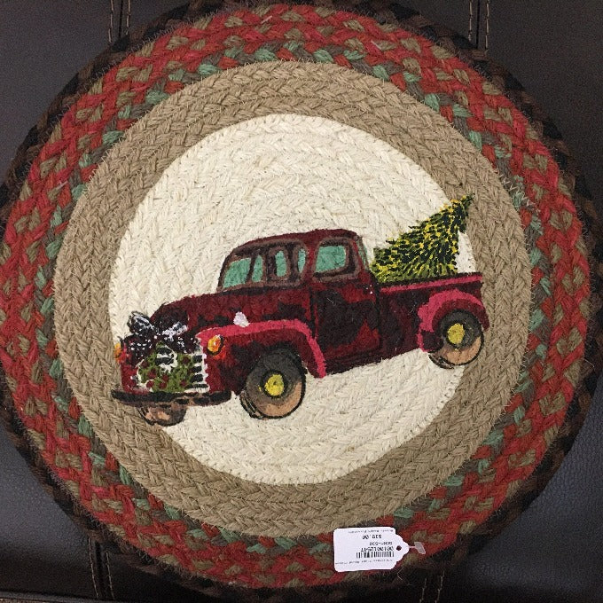 Braided Christmas Red Truck Trivets, Placemats & Runners available at Quilted Cabin Home Decor