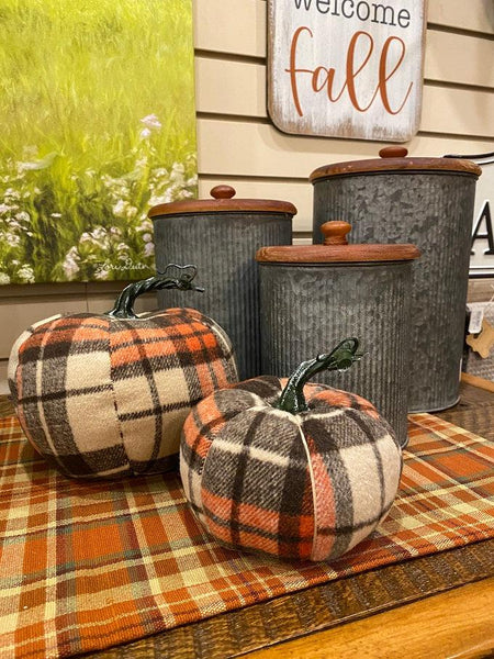 Plaid pumpkins available at Quilted Cabin Home Decor.