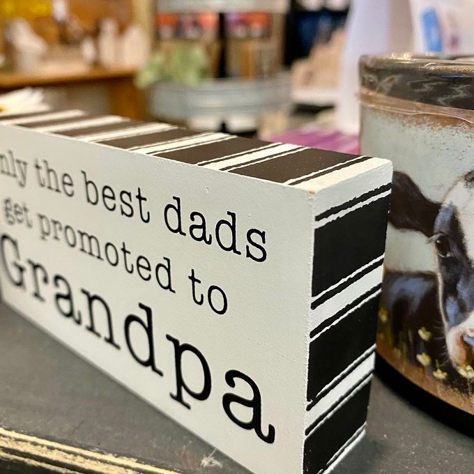 Promoted to Grandpa Sign available at Quilted Cabin Home Decor.