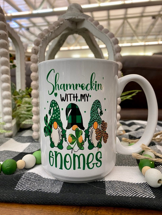 shamrockin' with my gnomes mug available at quilted cabin home decor