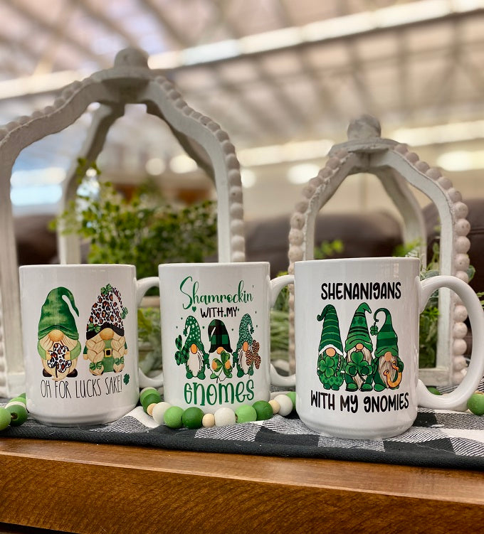 Shamrocking with my gnomes mug available at quilted cabin home decor.