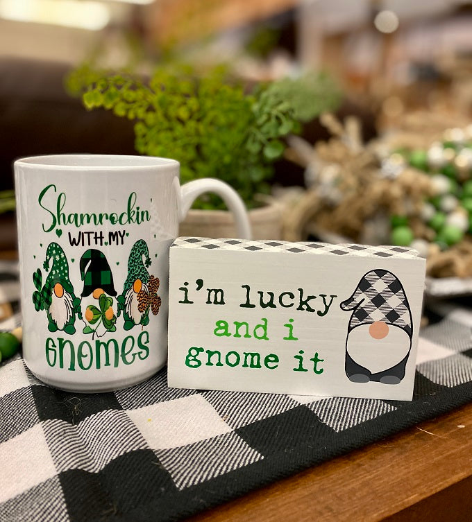 Lucky Gnome Block Sign available at Quilted Cabin Home Decor. 