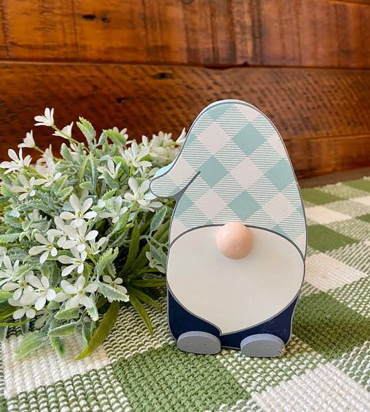 The Sage Check Hat Gnome is available at Quilted Cabin Home Decor