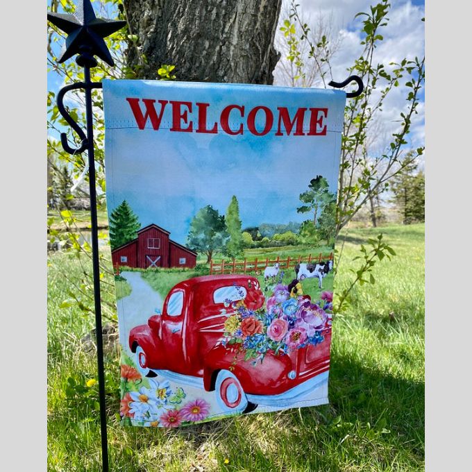 Red Farm Truck Garden Flag available at Quilted Cabin Home Decor.