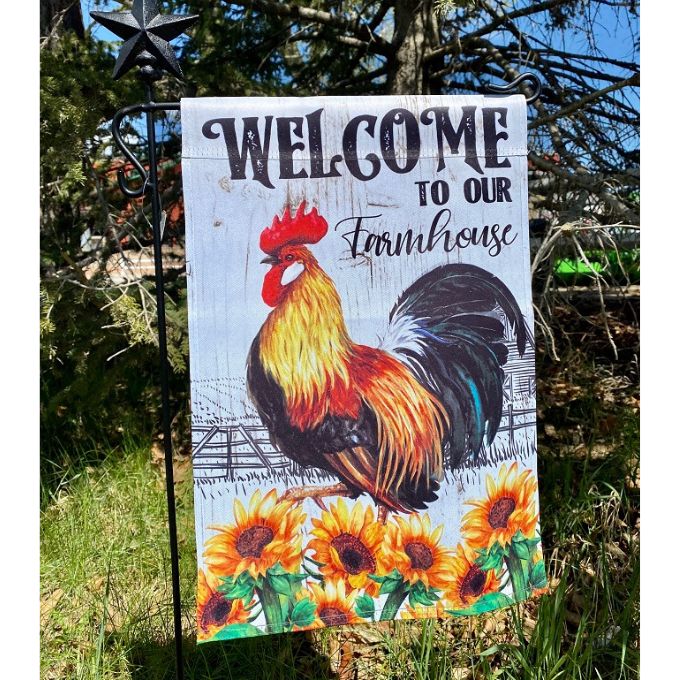 Farmhouse Rooster Garden Flag available at Quilted Cabin Home Decor
