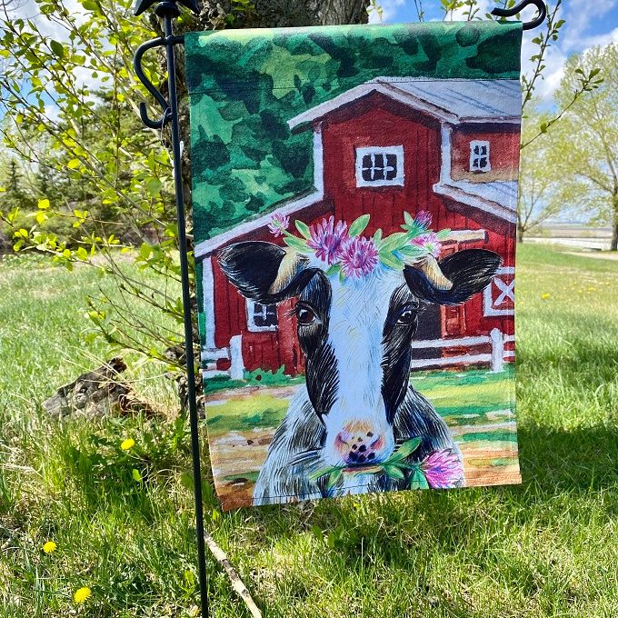 Happy Cow Garden Flag available at Quilted Cabin Home decor.