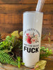 This is a white enamel coated stainless steel water, so it looks shiney! The water bottle comes with a reusable straw and is imprinted on both sides with a picture of a pink and cream colour flowers and the words - I like pretty things and the word Fuck. The words are printed in black.