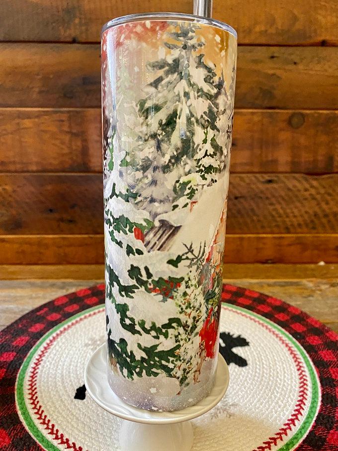 The Christmas Farm FreshHot/Cold Tumbler bottle is wrapped in a pretty christmas  scene with a vintage red truck and snow-filled evergreen trees. 