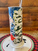 The Most Wonderful Time Hot/Cold Tumbler bottle is wrapped in a pretty christmas  scene with a vintage red truck and snow-filled evergreen trees. 
