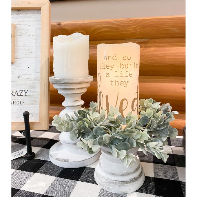 Wood Pillar Candle Holders - White, Black and Natural available at  Quilted Cabin Home Decor.
