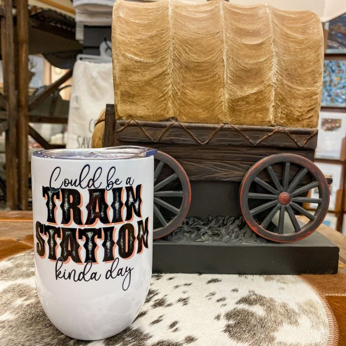 Could be a Train Station Kinda Day Wine Tumbler available at Quilted Cabin Home Decor