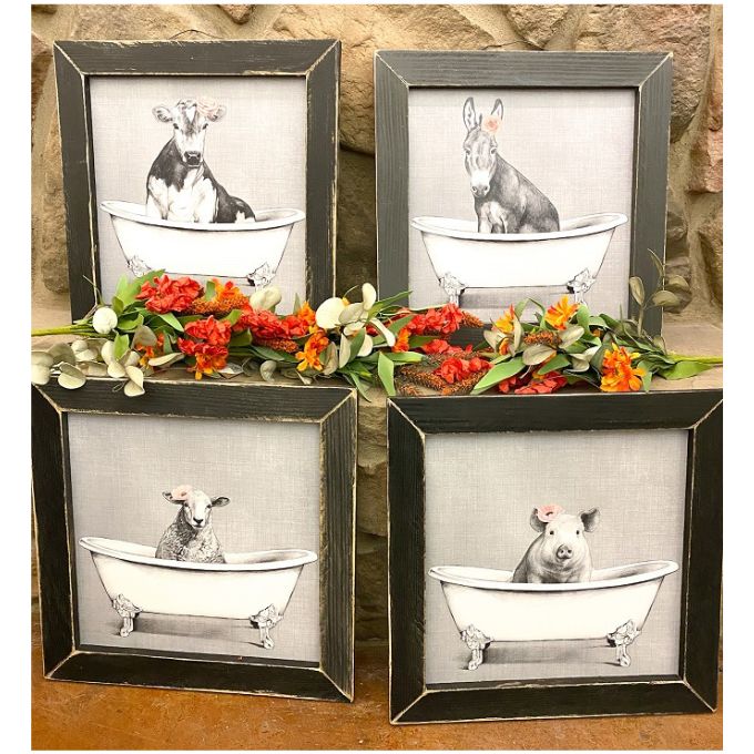 Animal Bath Pictures - Four Animals and Two Frame Styles available at Quilted Cabin Home Decor