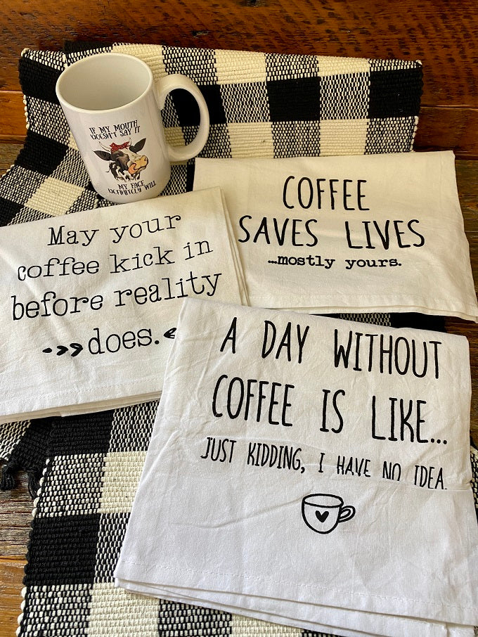 Coffee themed farmhouse kitchen dish towels three styles available at quilted cabin home decor.