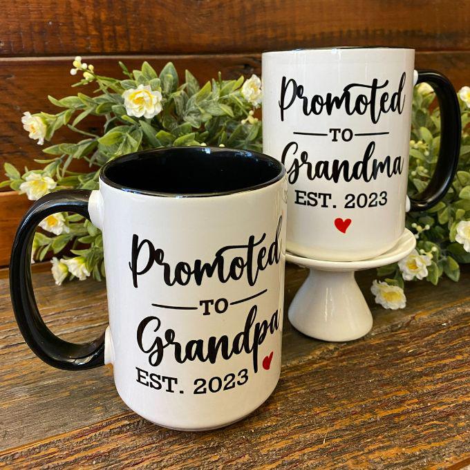 Promoted to Grandpa and Grandma Personalized Year Mugs available at Quilted Cabin Home Decor