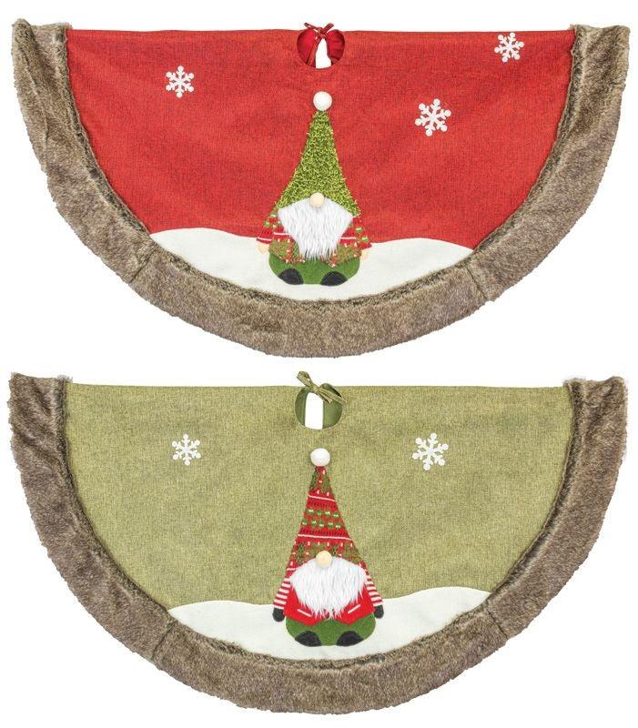  The Kringle Gnome tree skirt is shown in red and green. Each skirt has a faux fur trim, and on the skirt a festive gnome is appliqued along with snowflakes.