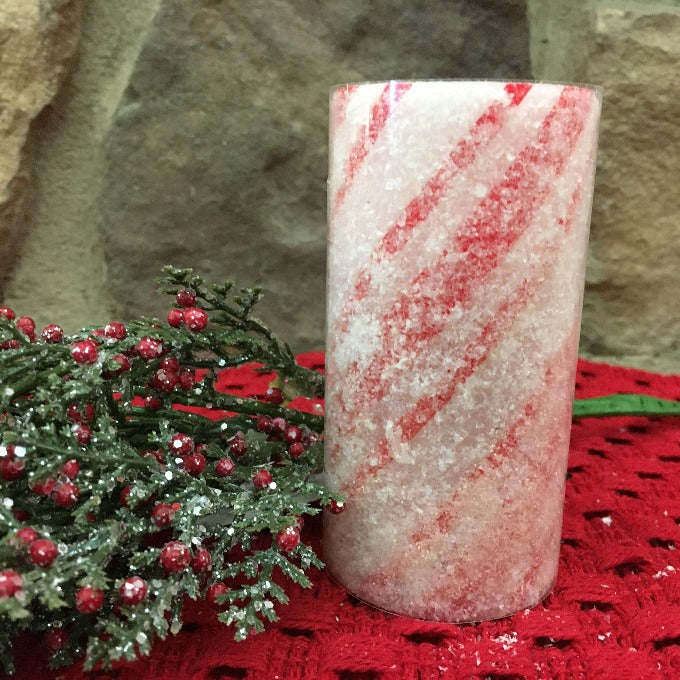 Candy Cane Pillar Candle available at Quilted Cabin Home Decor.